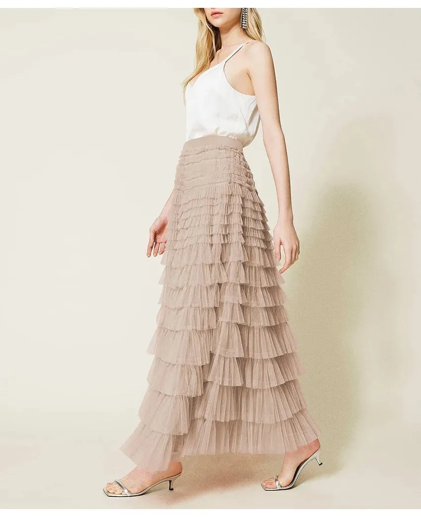 Layered High Waist Ruffles Pink Tulle Skirt – Vintage-Inspired Maxi Skirt for Romantic, Feminine Outfits Anytime
