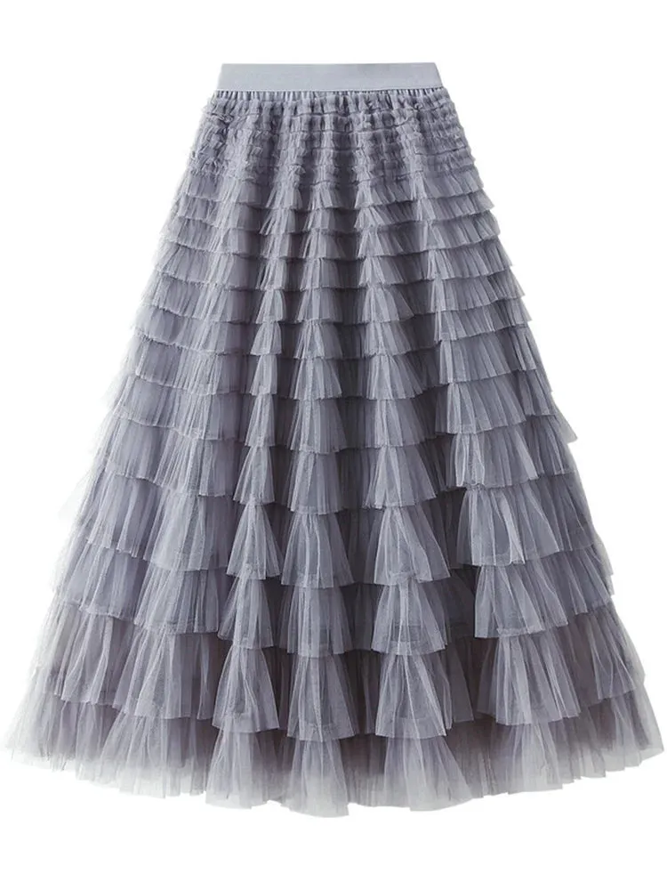 Layered High Waist Ruffles Pink Tulle Skirt – Vintage-Inspired Maxi Skirt for Romantic, Feminine Outfits Anytime