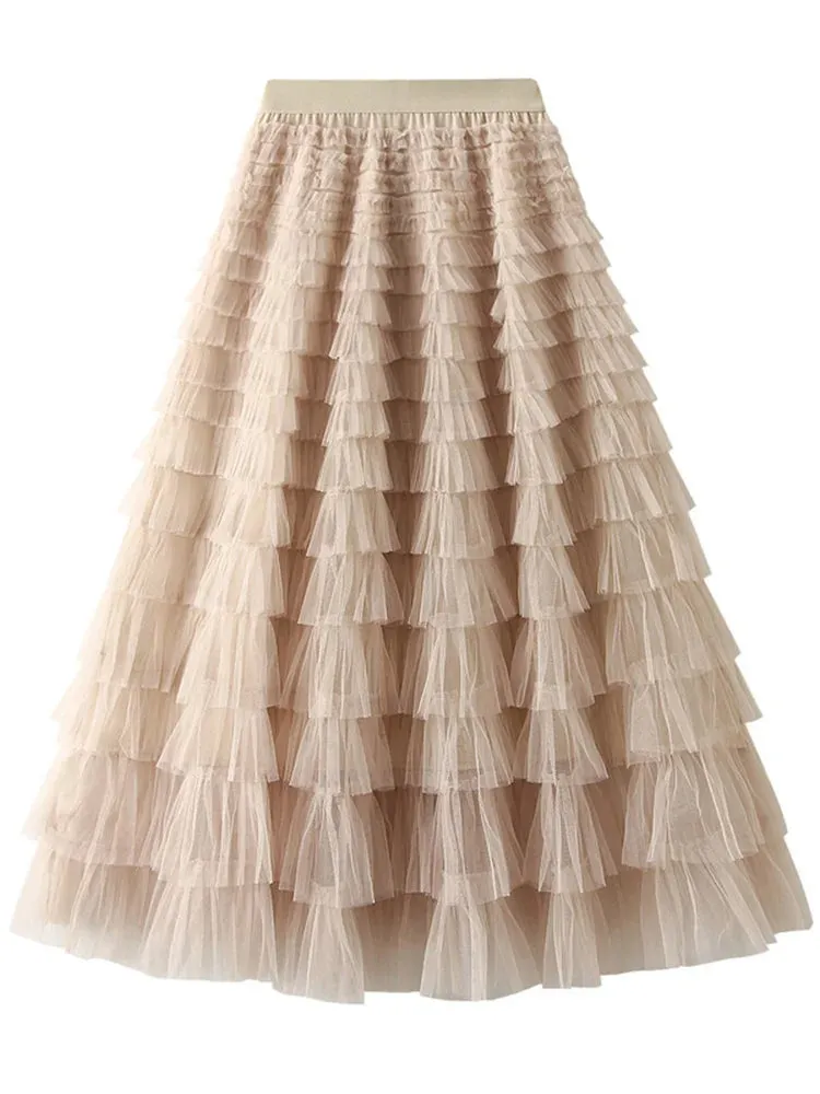 Layered High Waist Ruffles Pink Tulle Skirt – Vintage-Inspired Maxi Skirt for Romantic, Feminine Outfits Anytime