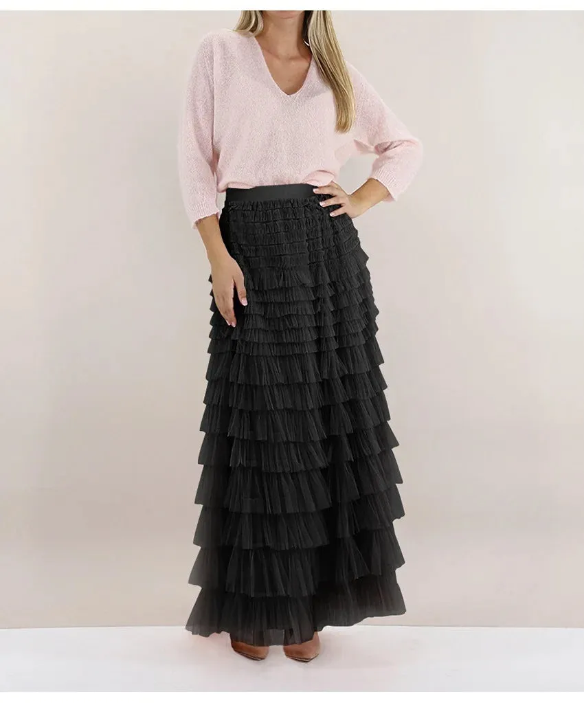 Layered High Waist Ruffles Pink Tulle Skirt – Vintage-Inspired Maxi Skirt for Romantic, Feminine Outfits Anytime