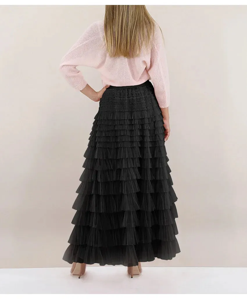 Layered High Waist Ruffles Pink Tulle Skirt – Vintage-Inspired Maxi Skirt for Romantic, Feminine Outfits Anytime