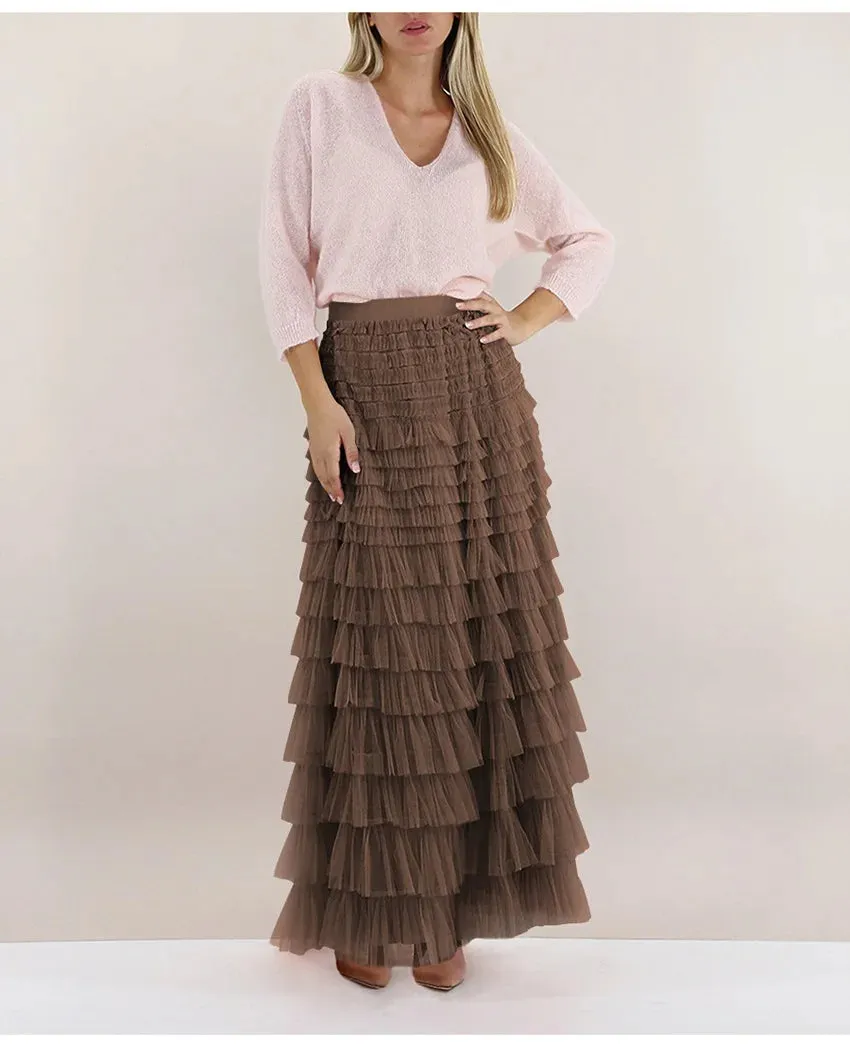 Layered High Waist Ruffles Pink Tulle Skirt – Vintage-Inspired Maxi Skirt for Romantic, Feminine Outfits Anytime