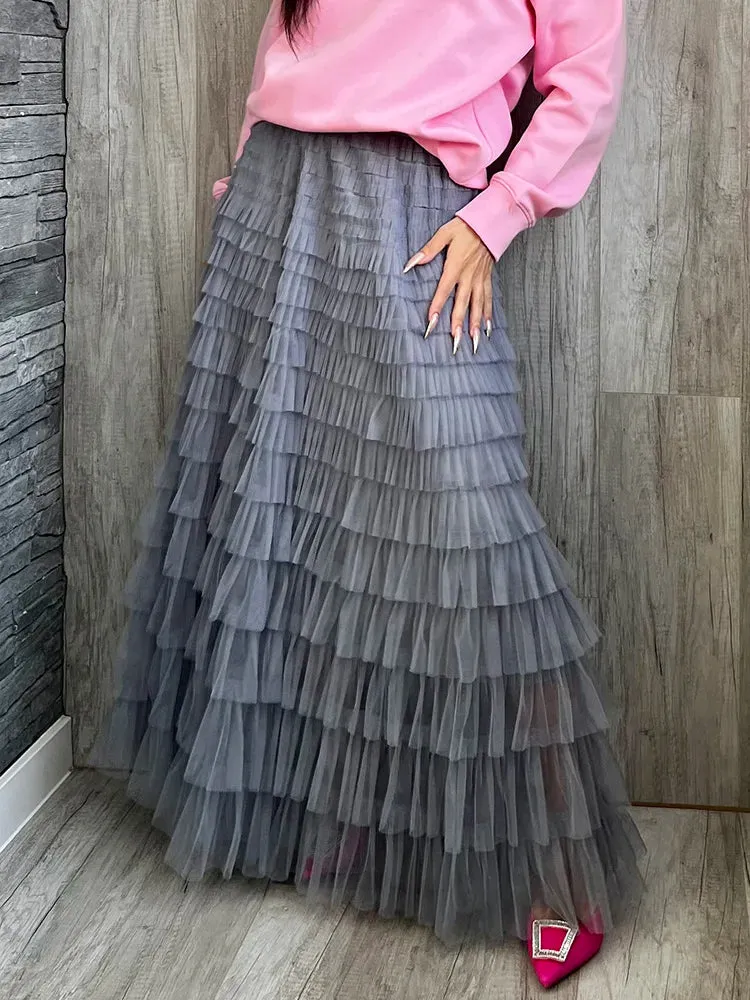 Layered High Waist Ruffles Pink Tulle Skirt – Vintage-Inspired Maxi Skirt for Romantic, Feminine Outfits Anytime