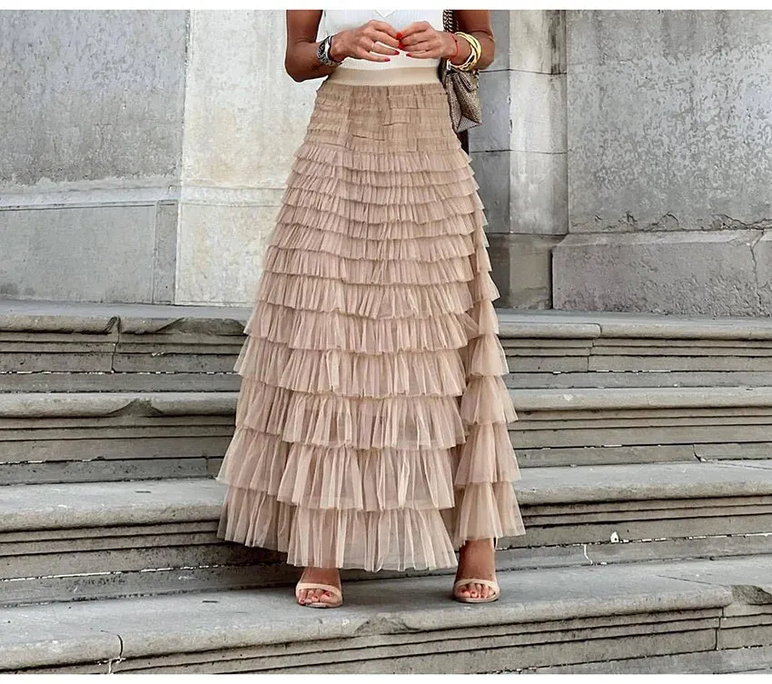 Layered High Waist Ruffles Pink Tulle Skirt – Vintage-Inspired Maxi Skirt for Romantic, Feminine Outfits Anytime