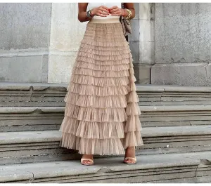Layered High Waist Ruffles Pink Tulle Skirt – Vintage-Inspired Maxi Skirt for Romantic, Feminine Outfits Anytime