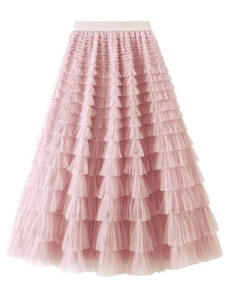 Layered High Waist Ruffles Pink Tulle Skirt – Vintage-Inspired Maxi Skirt for Romantic, Feminine Outfits Anytime