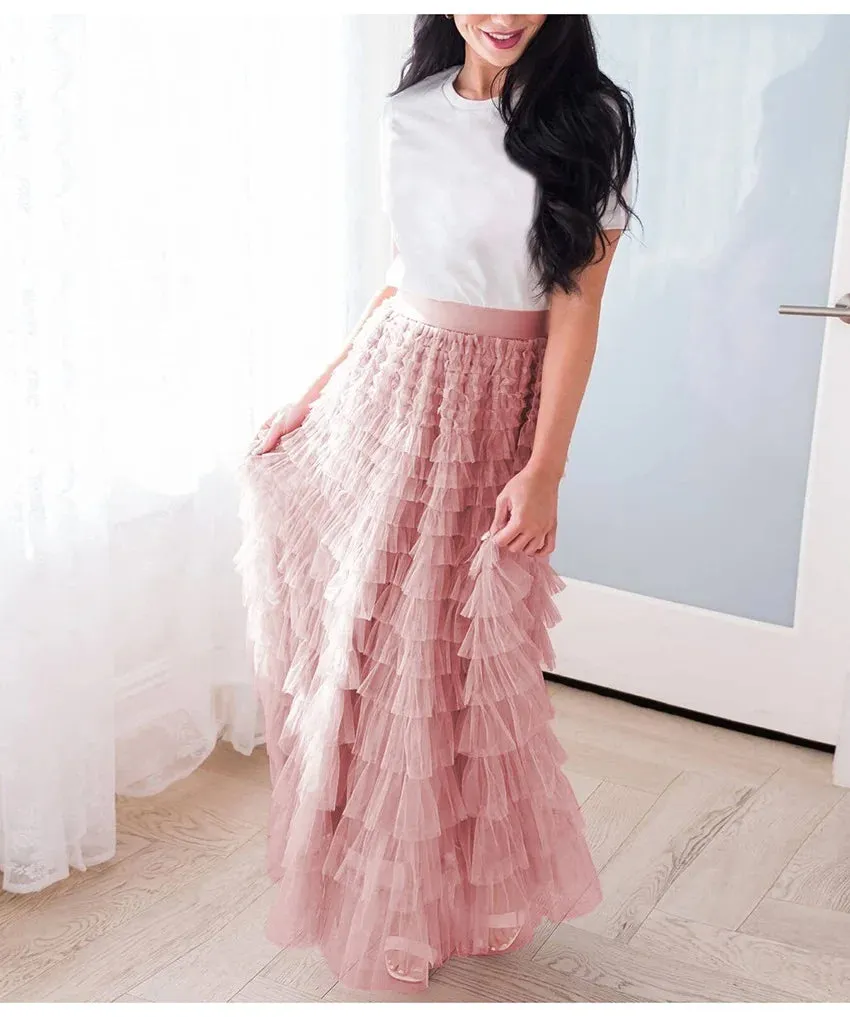 Layered High Waist Ruffles Pink Tulle Skirt – Vintage-Inspired Maxi Skirt for Romantic, Feminine Outfits Anytime