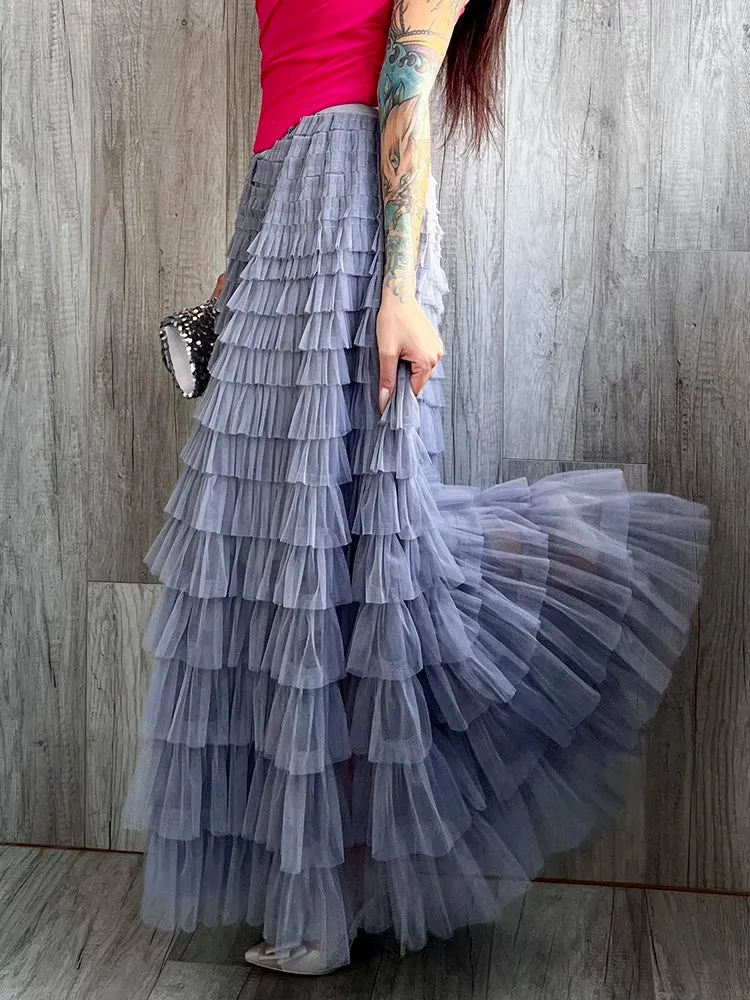 Layered High Waist Ruffles Pink Tulle Skirt – Vintage-Inspired Maxi Skirt for Romantic, Feminine Outfits Anytime