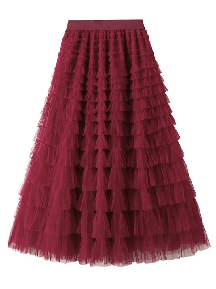 Layered High Waist Ruffles Pink Tulle Skirt – Vintage-Inspired Maxi Skirt for Romantic, Feminine Outfits Anytime