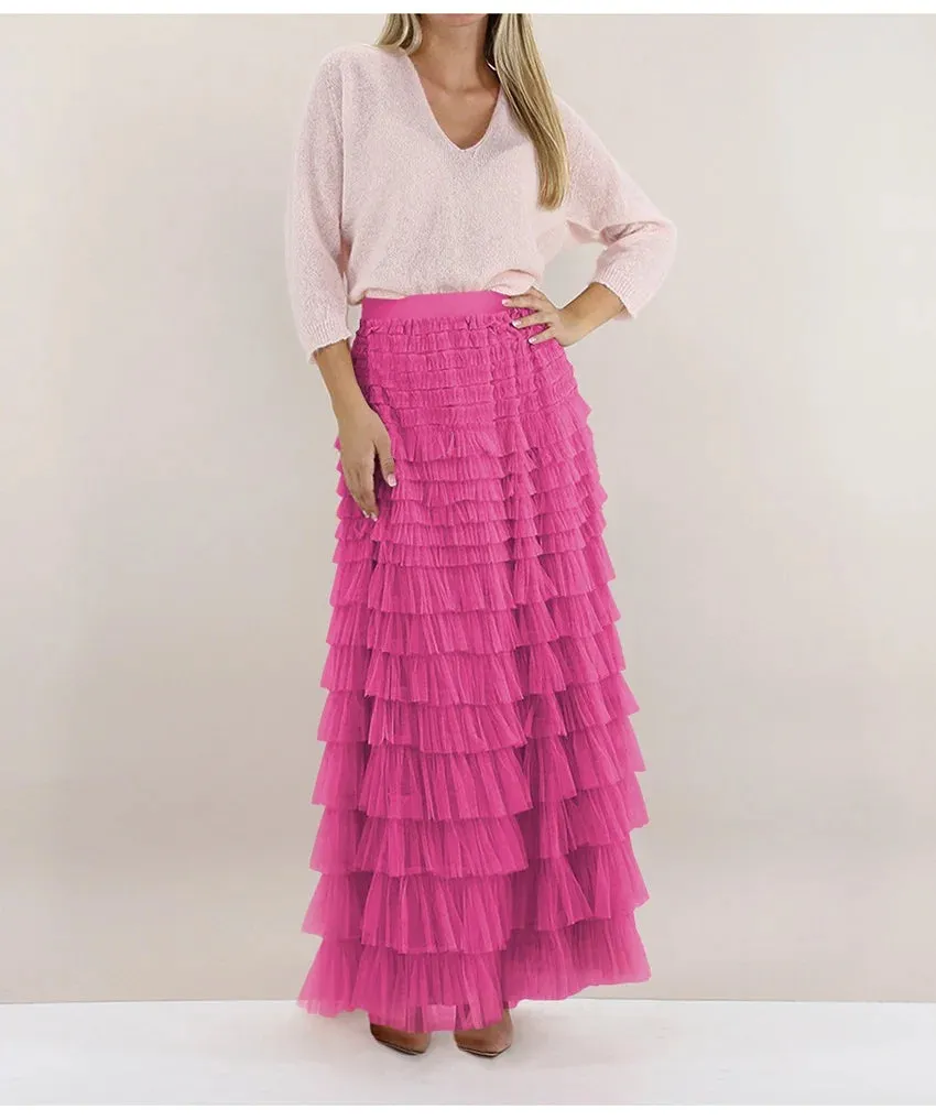 Layered High Waist Ruffles Pink Tulle Skirt – Vintage-Inspired Maxi Skirt for Romantic, Feminine Outfits Anytime