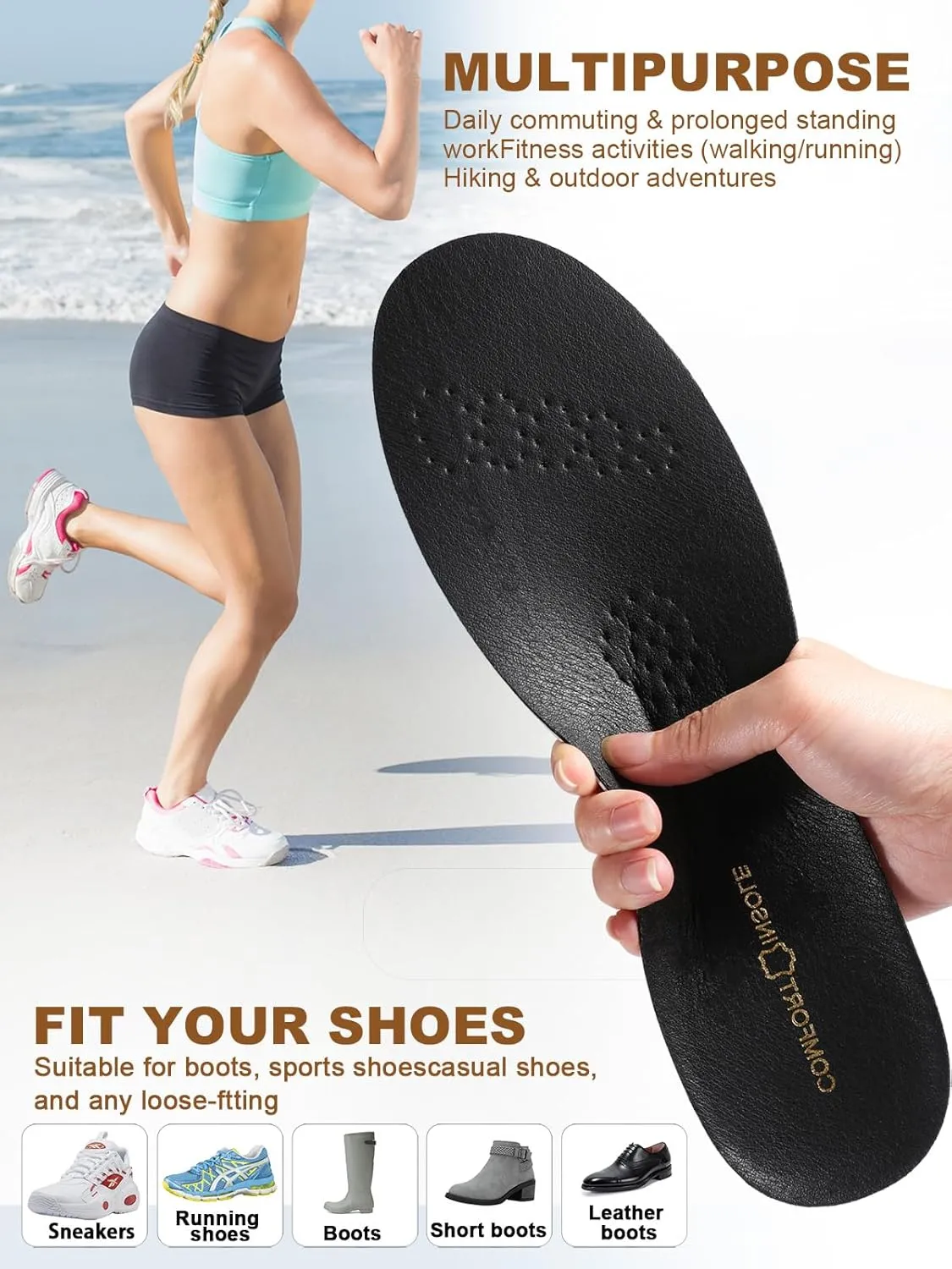 Leather Sockless Shoe Insoles for Women, Thin Dress Work Boots Inserts - Shock Absorption, Anti Sweat & Anti-Odor, for Athletic Shoes, Leather Shoes & Business Shoes(Black, S (Women 7-8.5)