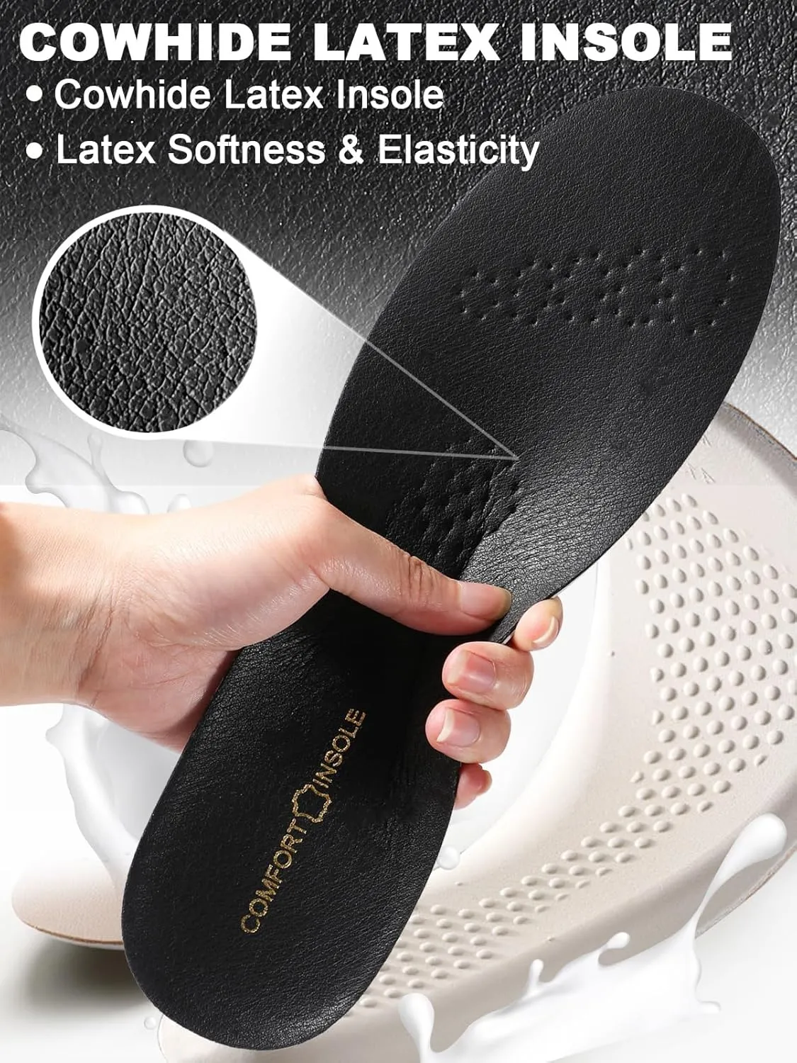 Leather Sockless Shoe Insoles for Women, Thin Dress Work Boots Inserts - Shock Absorption, Anti Sweat & Anti-Odor, for Athletic Shoes, Leather Shoes & Business Shoes(Black, S (Women 7-8.5)