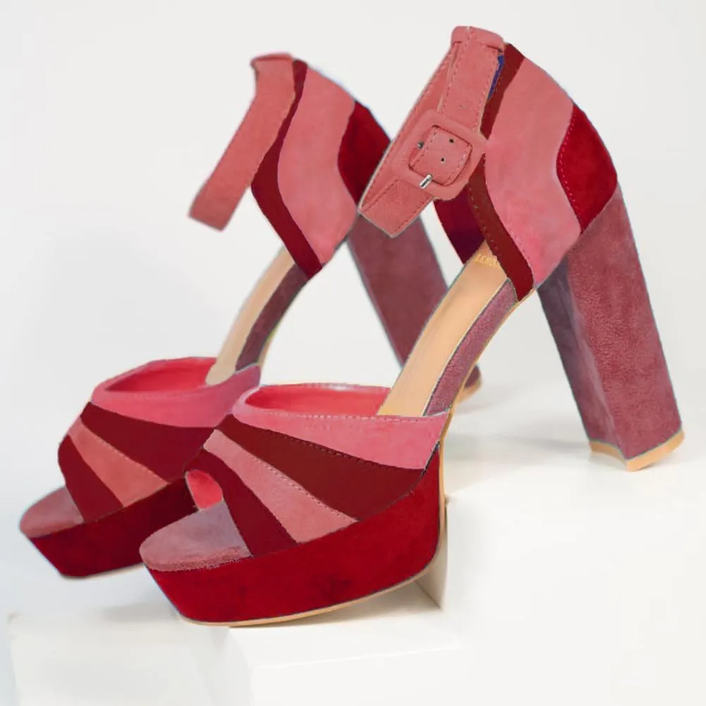 LEHOOR Women Rainbow High Chunky Heel Sandals Platform Round Peep Toe Ankle Strap Pumps Suede 4 Inch Block Heel Multicolor Buckle Summer Heels Cute Sexy Dress Party Sandals 4-11 M US