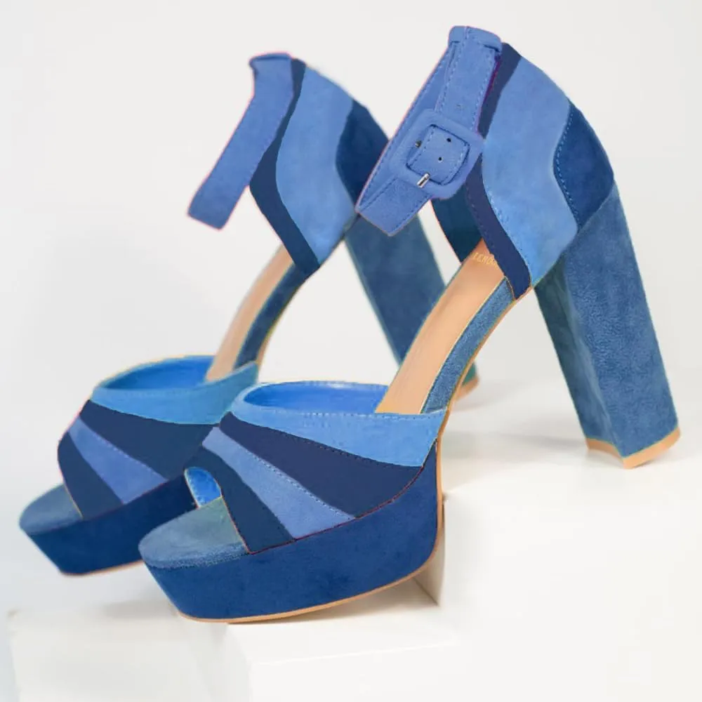 LEHOOR Women Rainbow High Chunky Heel Sandals Platform Round Peep Toe Ankle Strap Pumps Suede 4 Inch Block Heel Multicolor Buckle Summer Heels Cute Sexy Dress Party Sandals 4-11 M US