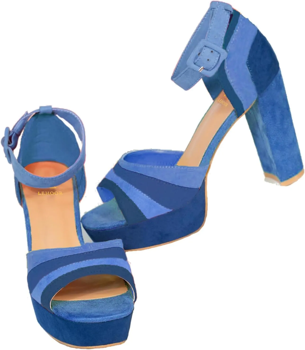 LEHOOR Women Rainbow High Chunky Heel Sandals Platform Round Peep Toe Ankle Strap Pumps Suede 4 Inch Block Heel Multicolor Buckle Summer Heels Cute Sexy Dress Party Sandals 4-11 M US