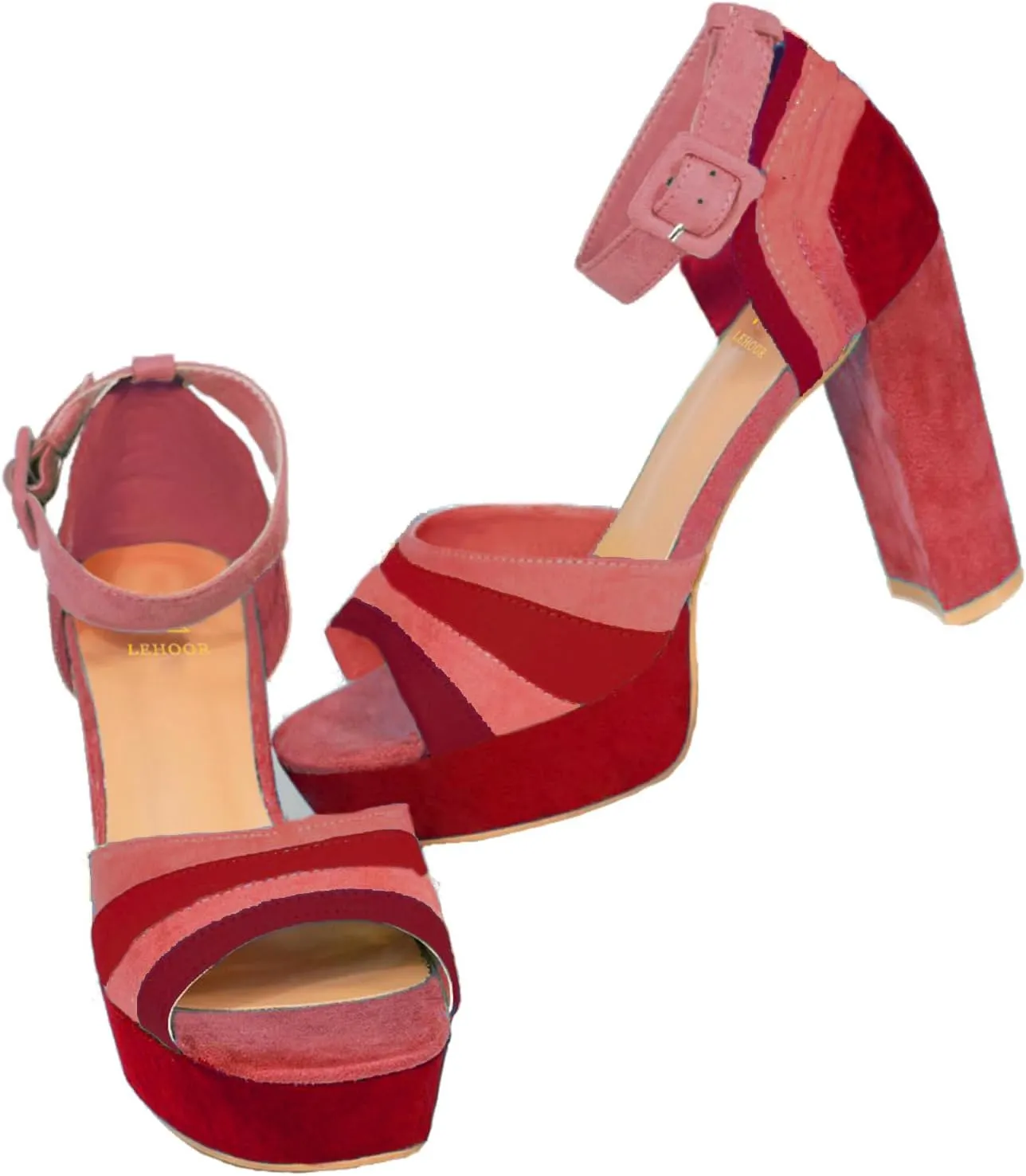 LEHOOR Women Rainbow High Chunky Heel Sandals Platform Round Peep Toe Ankle Strap Pumps Suede 4 Inch Block Heel Multicolor Buckle Summer Heels Cute Sexy Dress Party Sandals 4-11 M US