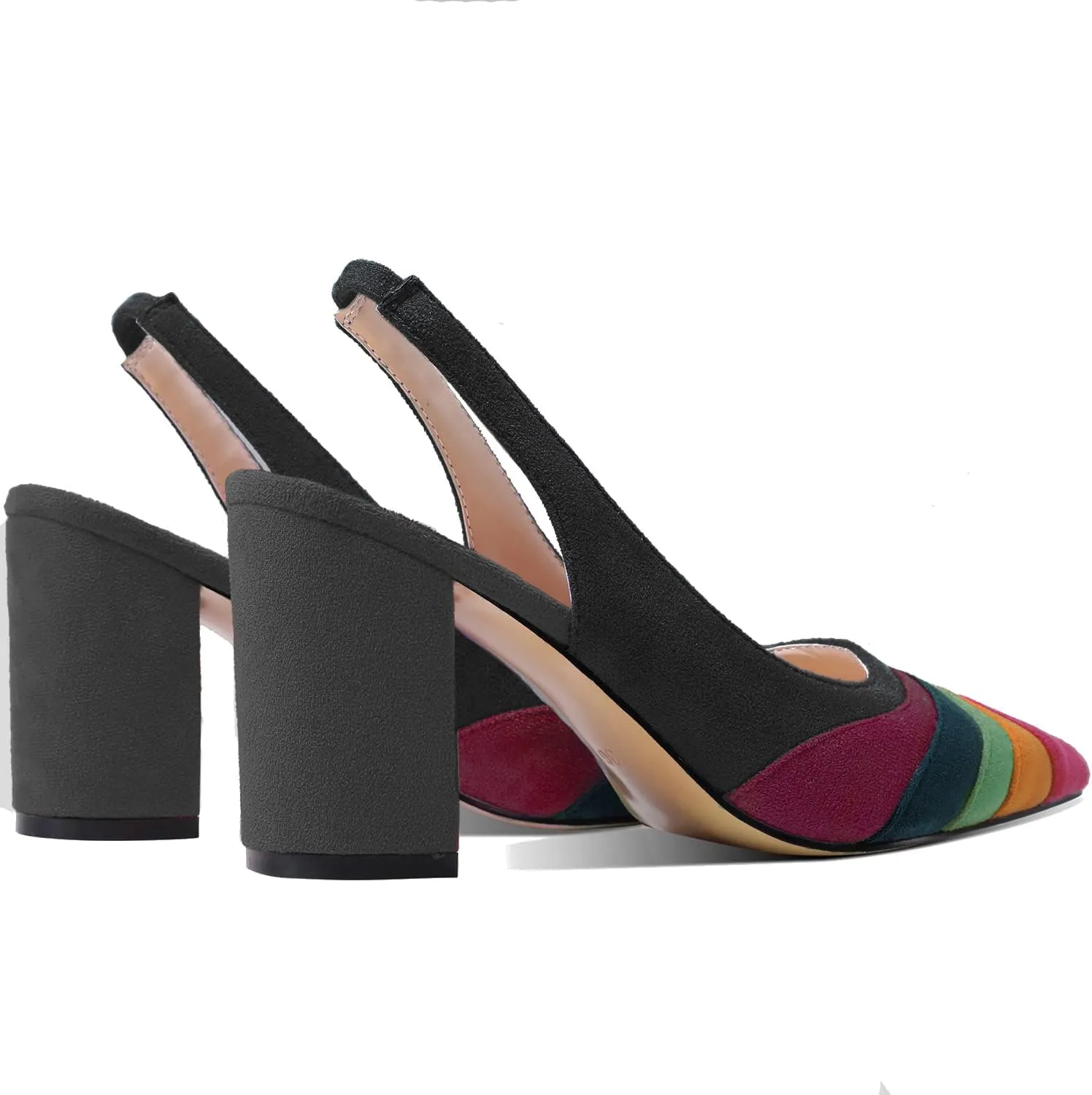 LEHOOR Women Rainbow Slingback Pumps Suede Chunky Block High Heel Dress Shoes Closed Pointed Toe Sandals Elastic Ankle Strap Office Work Shoe Multicolored Patchwork Wedding Party Prom Spring 4-13 M US