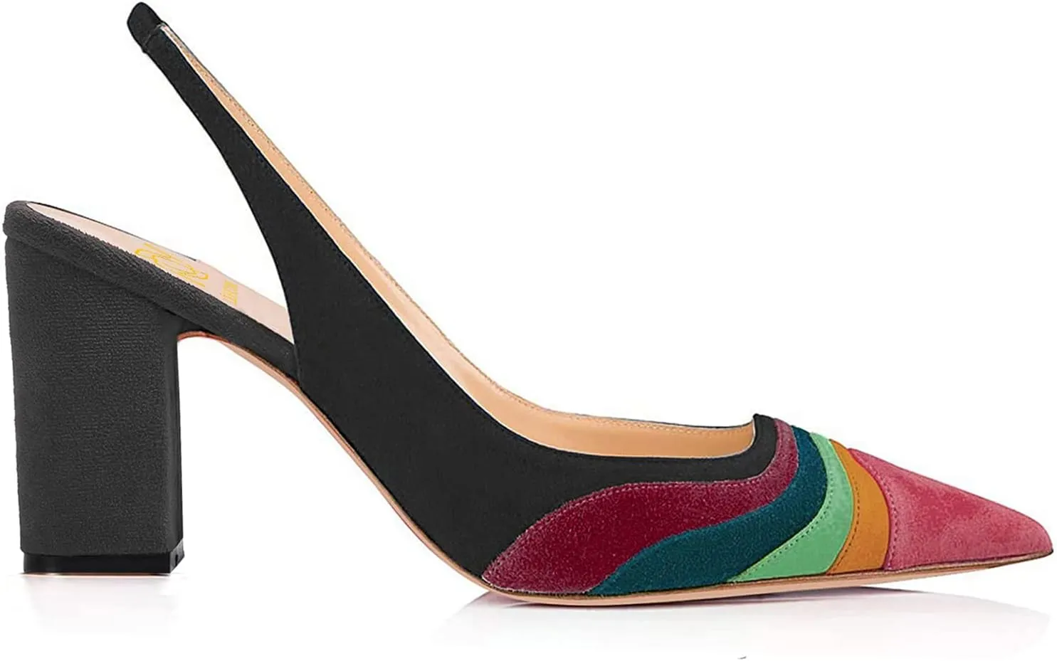 LEHOOR Women Rainbow Slingback Pumps Suede Chunky Block High Heel Dress Shoes Closed Pointed Toe Sandals Elastic Ankle Strap Office Work Shoe Multicolored Patchwork Wedding Party Prom Spring 4-13 M US