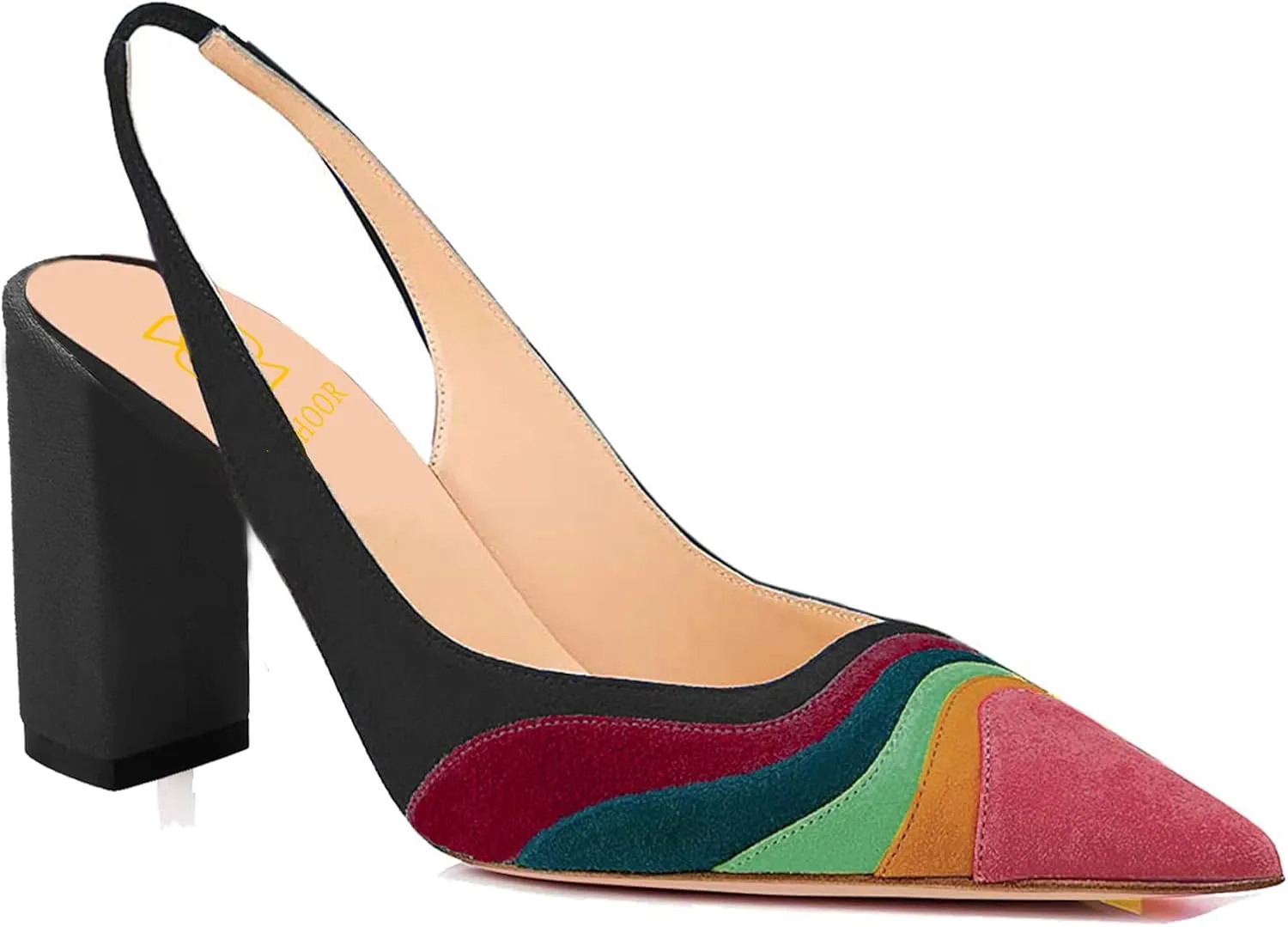LEHOOR Women Rainbow Slingback Pumps Suede Chunky Block High Heel Dress Shoes Closed Pointed Toe Sandals Elastic Ankle Strap Office Work Shoe Multicolored Patchwork Wedding Party Prom Spring 4-13 M US