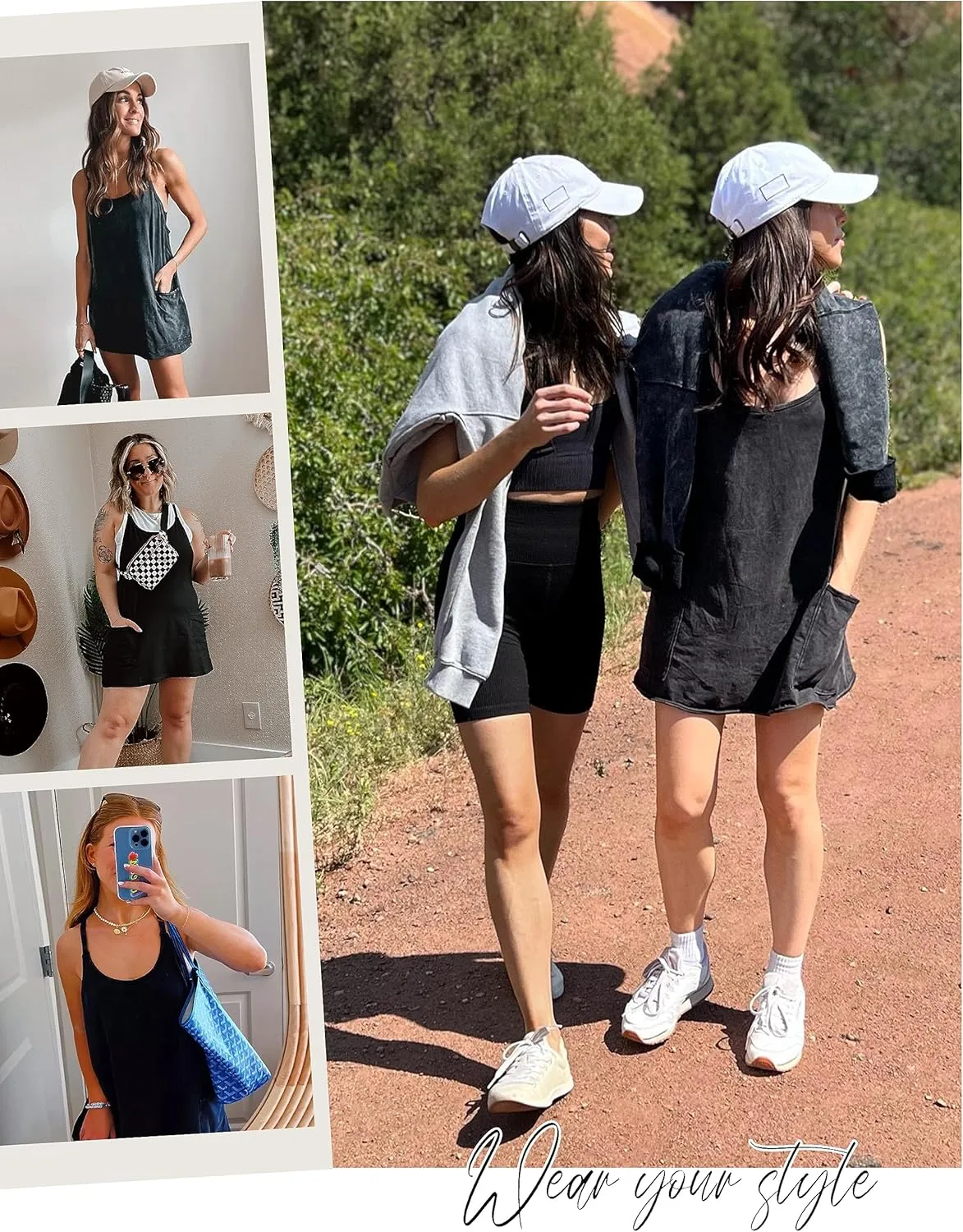 Lentta Womens Athletic Sleeveless Mini Dress with Built-in Shorts V Neck Spaghetti Strap Sundress
