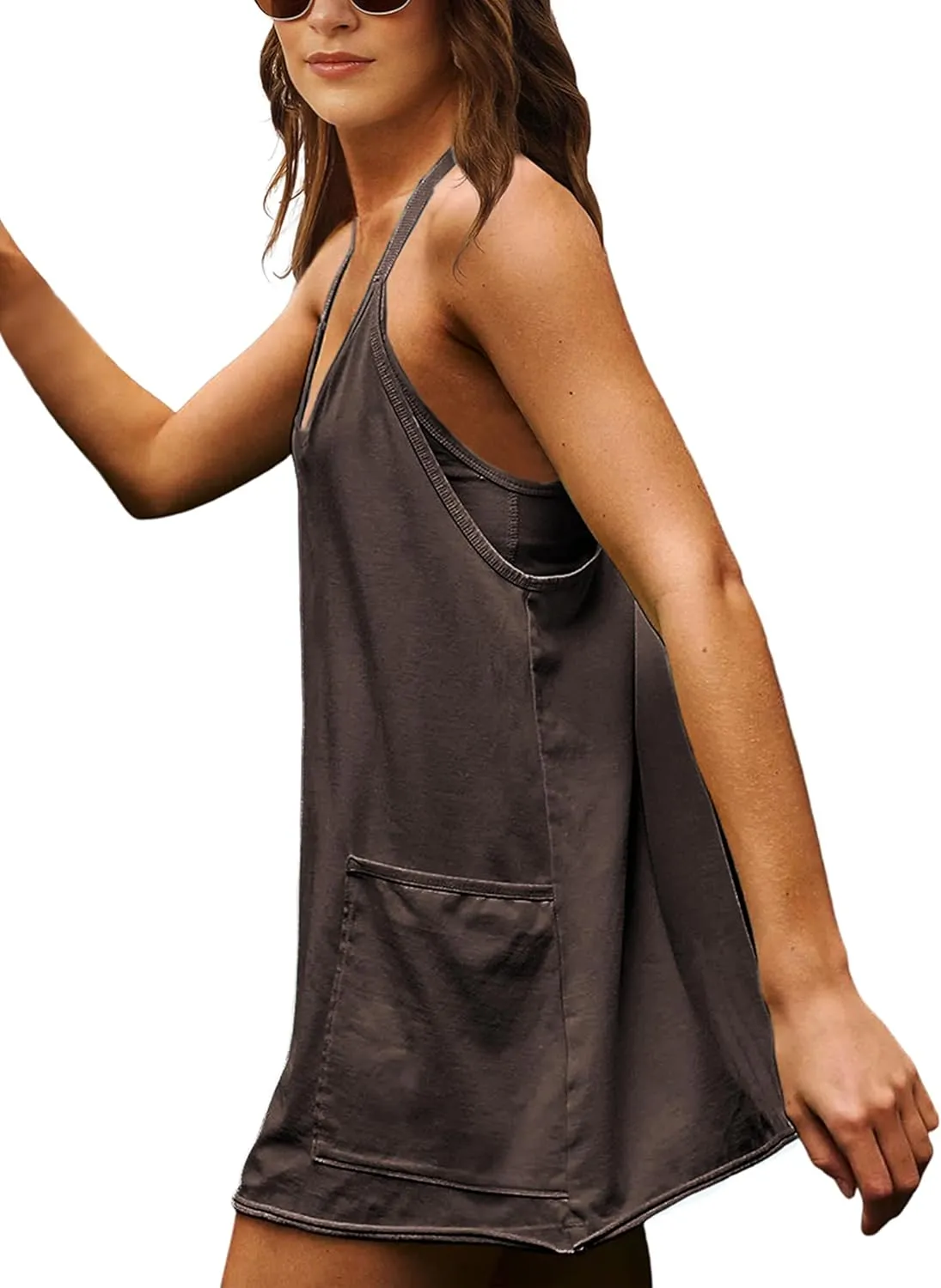 Lentta Womens Athletic Sleeveless Mini Dress with Built-in Shorts V Neck Spaghetti Strap Sundress