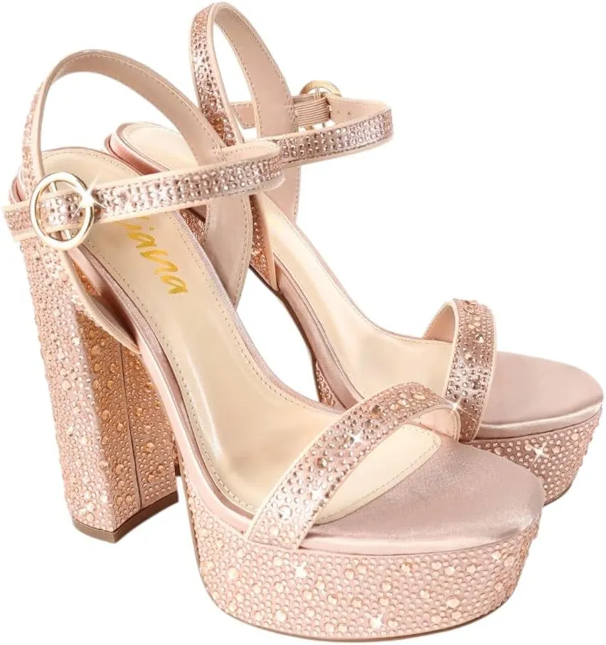 Liliana Womens Rhinestones Ankle Strap Chunky High Heels Sandals