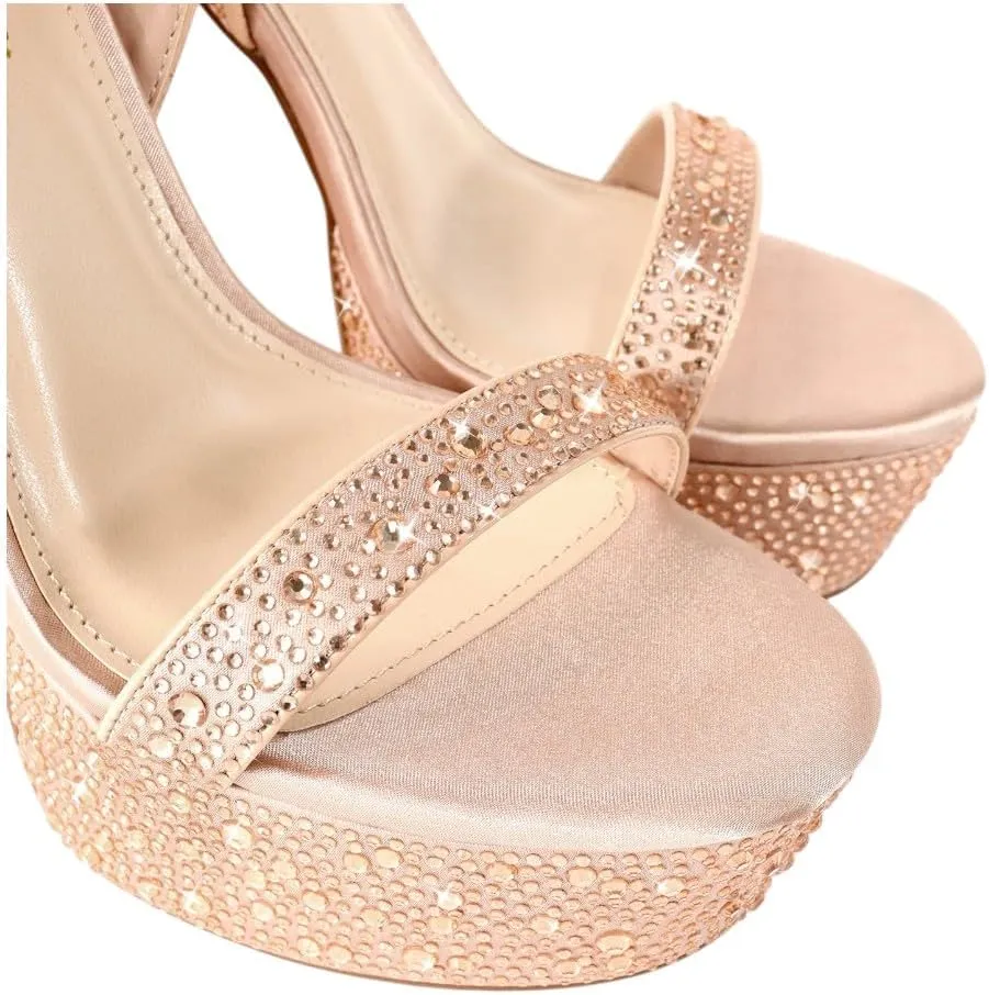 Liliana Womens Rhinestones Ankle Strap Chunky High Heels Sandals