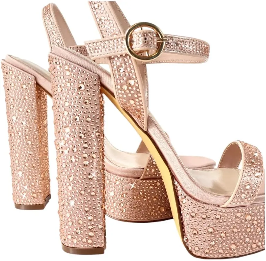 Liliana Womens Rhinestones Ankle Strap Chunky High Heels Sandals