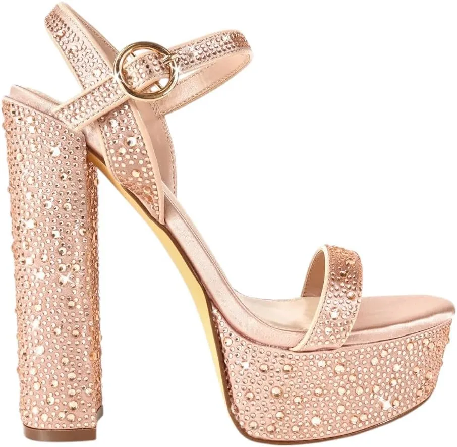 Liliana Womens Rhinestones Ankle Strap Chunky High Heels Sandals