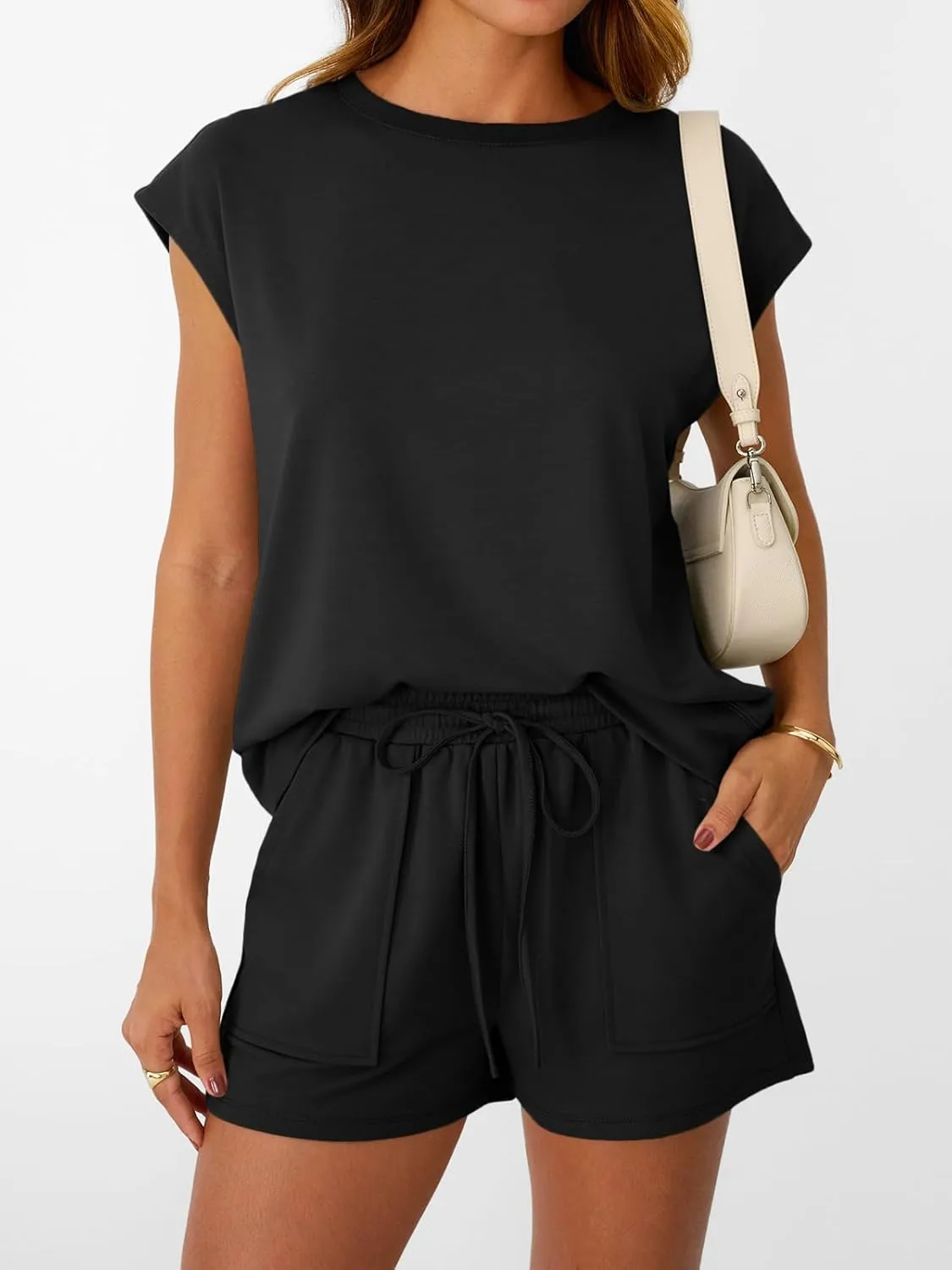 LILLUSORY Womens Crew Neck Cap Sleeve Drawstring Two Piece Summer short Sets Sweatsuit with Pocket
