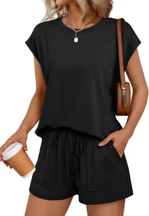 LILLUSORY Womens Crew Neck Cap Sleeve Drawstring Two Piece Summer short Sets Sweatsuit with Pocket