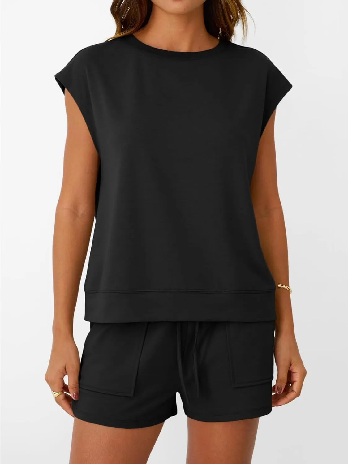 LILLUSORY Womens Crew Neck Cap Sleeve Drawstring Two Piece Summer short Sets Sweatsuit with Pocket