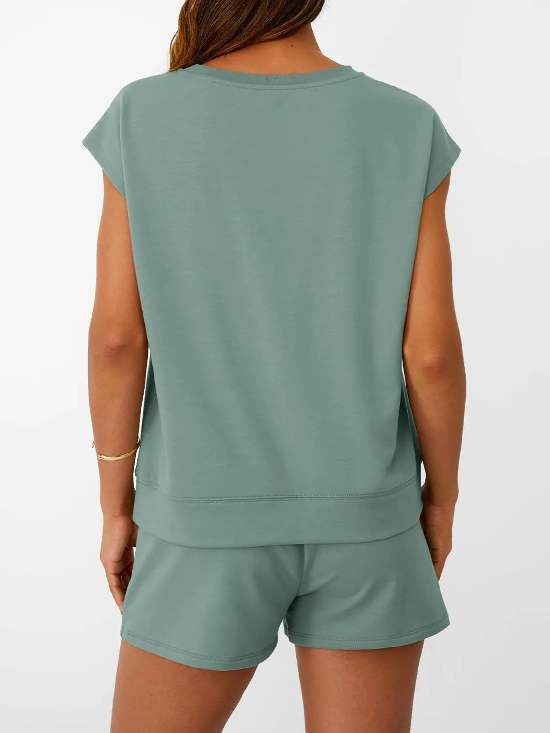 LILLUSORY Womens Crew Neck Cap Sleeve Drawstring Two Piece Summer short Sets Sweatsuit with Pocket