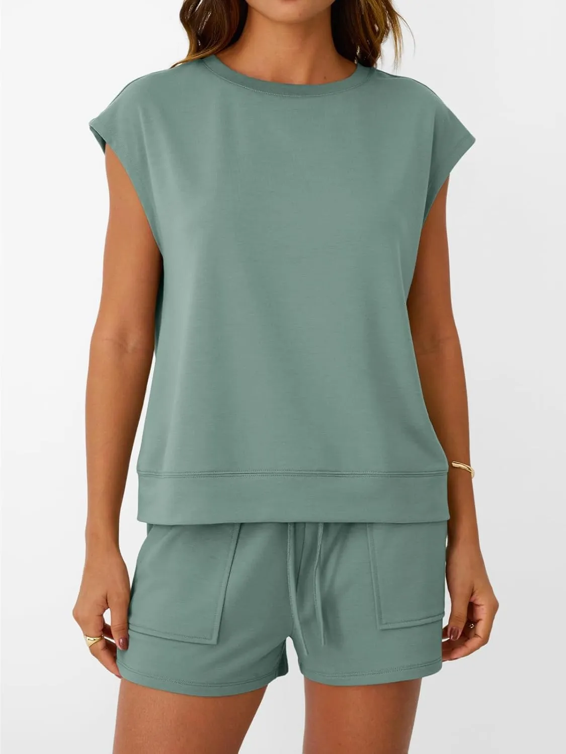 LILLUSORY Womens Crew Neck Cap Sleeve Drawstring Two Piece Summer short Sets Sweatsuit with Pocket