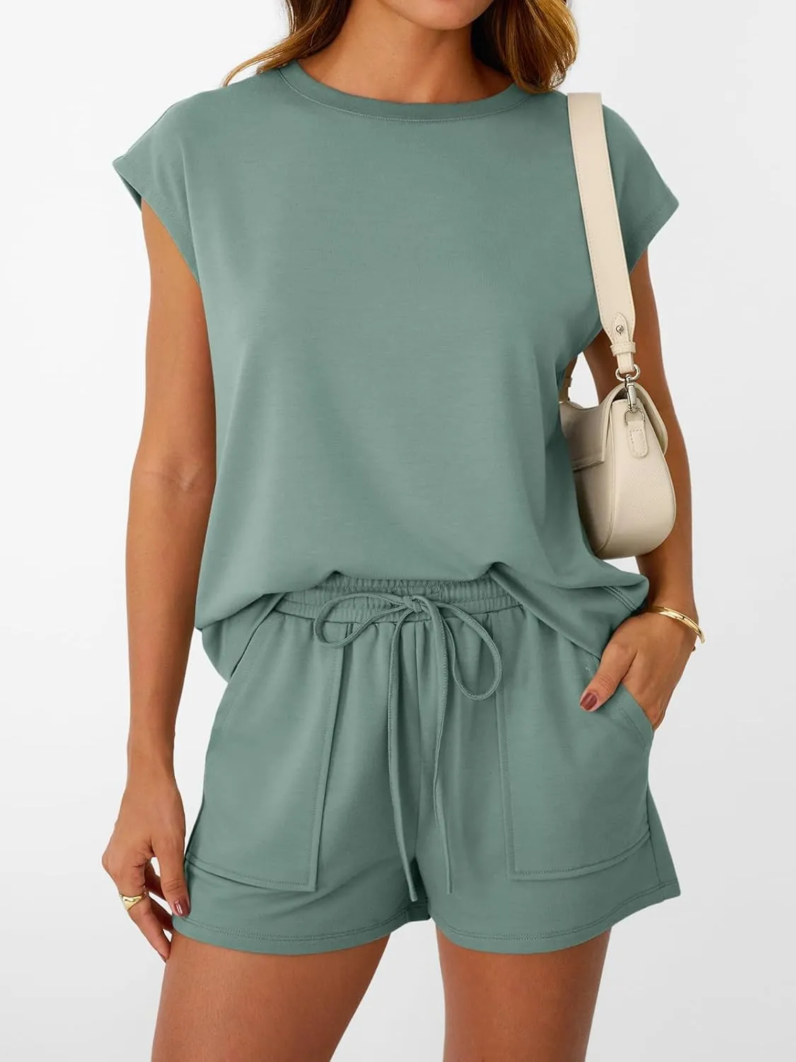 LILLUSORY Womens Crew Neck Cap Sleeve Drawstring Two Piece Summer short Sets Sweatsuit with Pocket