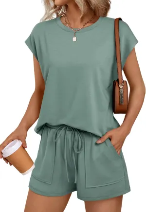 LILLUSORY Womens Crew Neck Cap Sleeve Drawstring Two Piece Summer short Sets Sweatsuit with Pocket