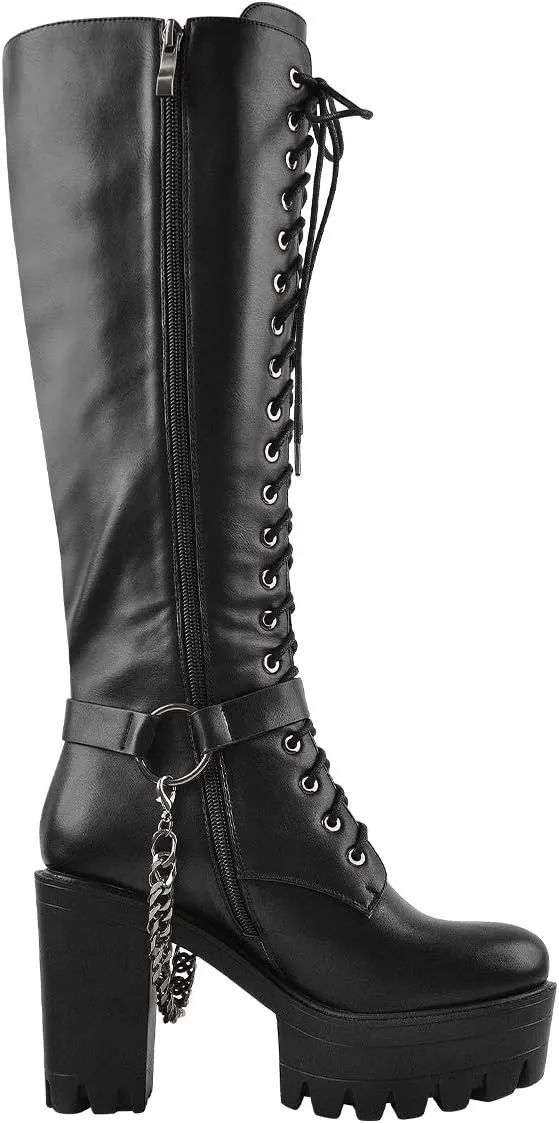 LISHAN Boots for Women, Lace Up Platform Chunky High Heel Motorcycle Combat Knee High Boots