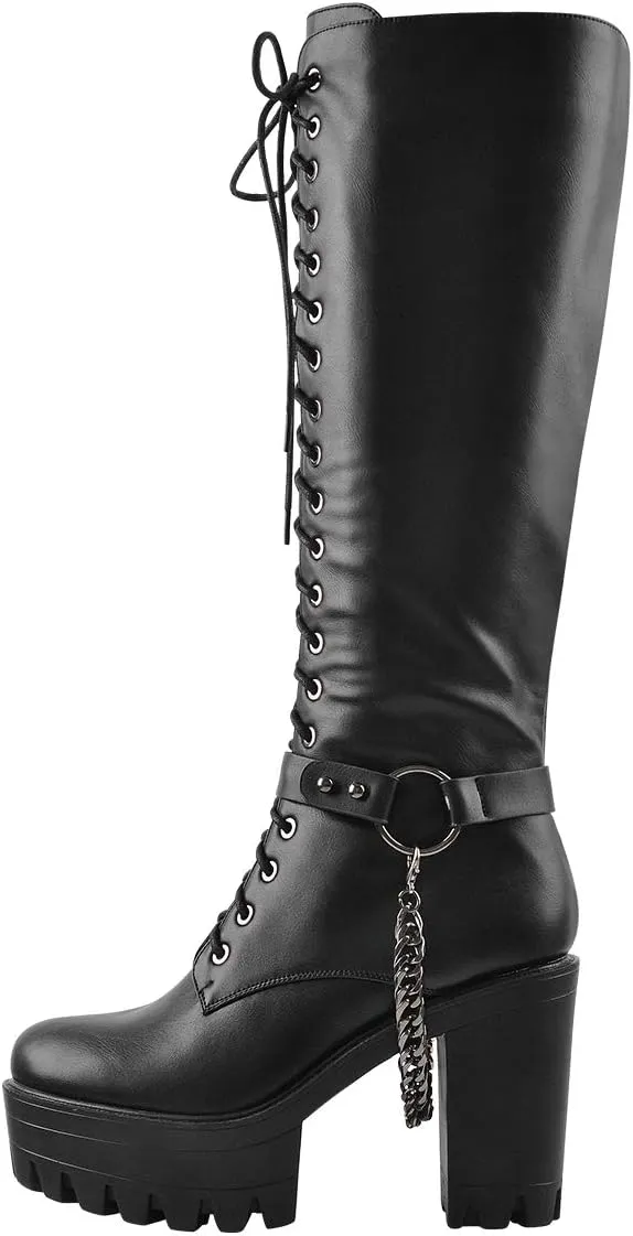 LISHAN Boots for Women, Lace Up Platform Chunky High Heel Motorcycle Combat Knee High Boots
