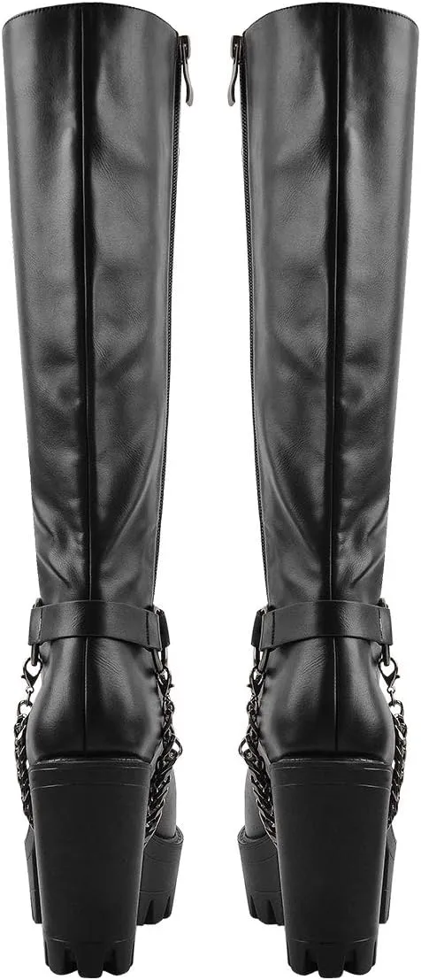 LISHAN Boots for Women, Lace Up Platform Chunky High Heel Motorcycle Combat Knee High Boots