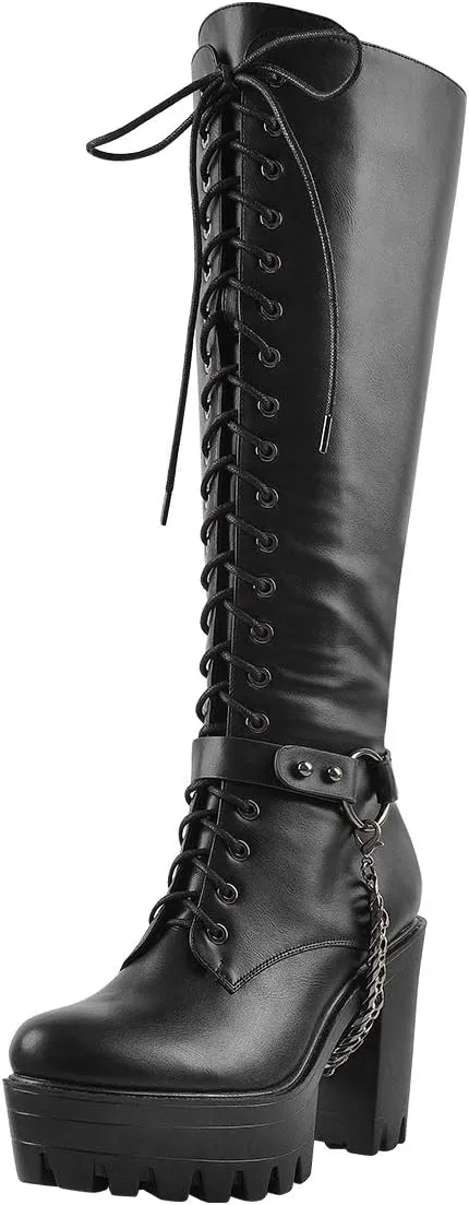 LISHAN Boots for Women, Lace Up Platform Chunky High Heel Motorcycle Combat Knee High Boots