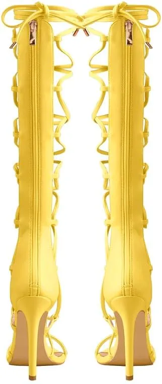 LISHAN Womens Gladiator Knee High Sandals Open Toe Lace Up Criss Cross Strappy Stiletto Heels