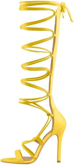 LISHAN Womens Gladiator Knee High Sandals Open Toe Lace Up Criss Cross Strappy Stiletto Heels