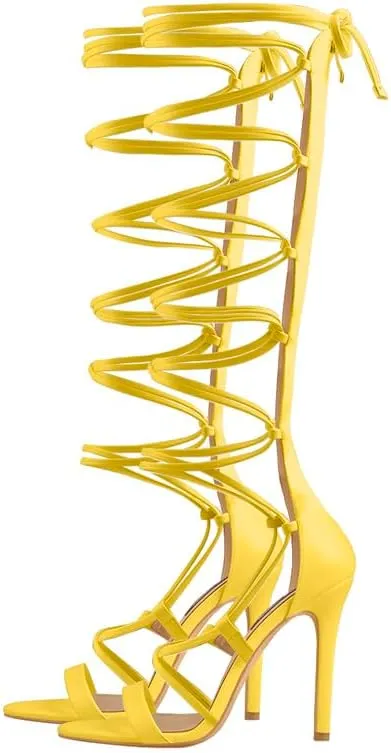 LISHAN Womens Gladiator Knee High Sandals Open Toe Lace Up Criss Cross Strappy Stiletto Heels