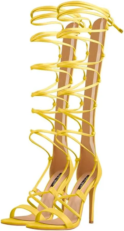 LISHAN Womens Gladiator Knee High Sandals Open Toe Lace Up Criss Cross Strappy Stiletto Heels