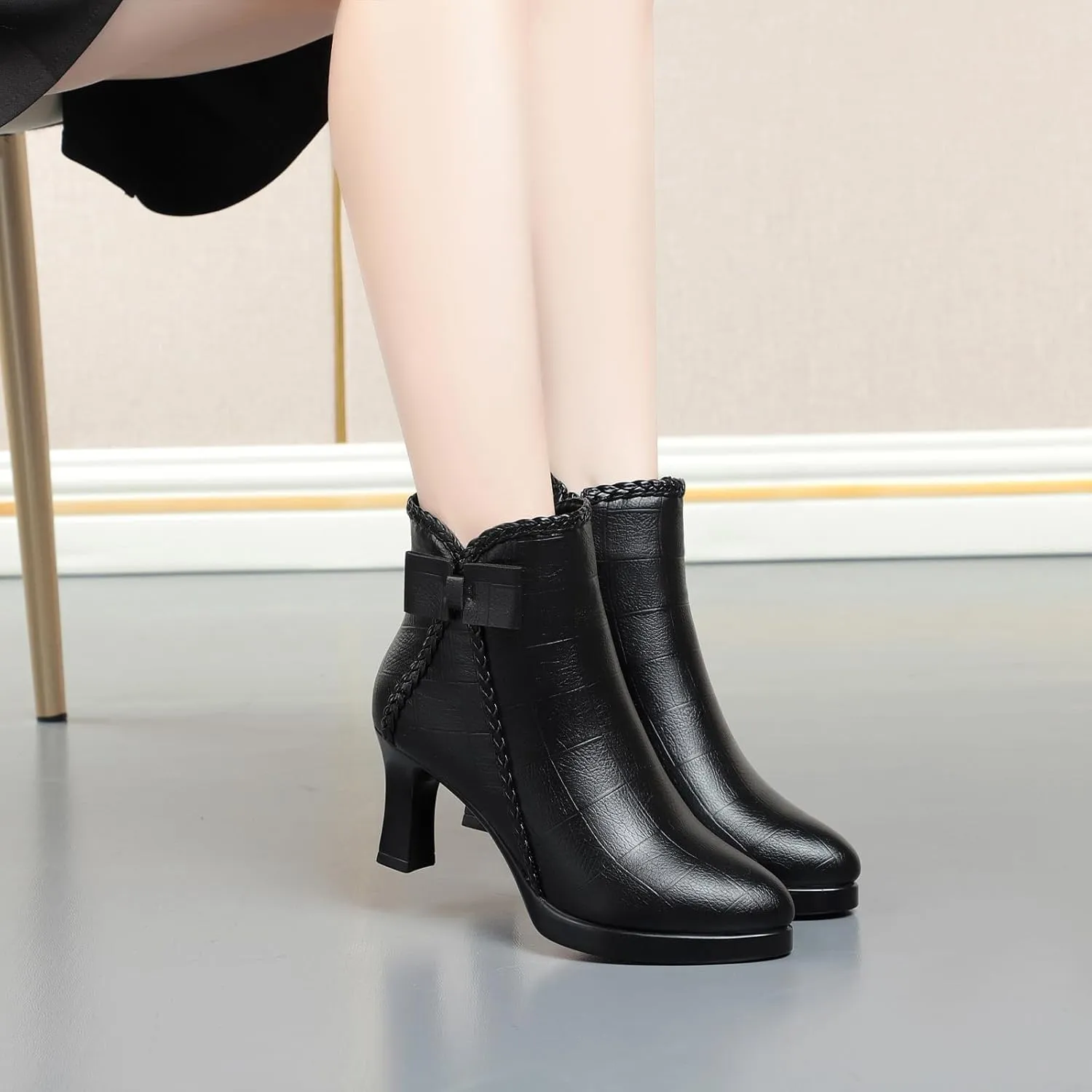 Lossarye Women’s Pointed Toe High Heel Ankle Boots Side Zip Comfortable Fur Lined Autumn Winter Kitten Heel Dress Booties