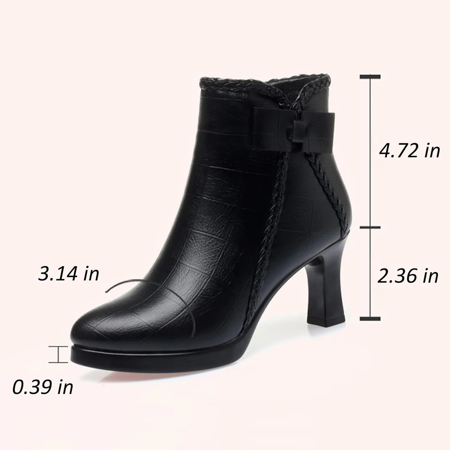 Lossarye Women’s Pointed Toe High Heel Ankle Boots Side Zip Comfortable Fur Lined Autumn Winter Kitten Heel Dress Booties