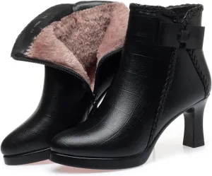 Lossarye Women’s Pointed Toe High Heel Ankle Boots Side Zip Comfortable Fur Lined Autumn Winter Kitten Heel Dress Booties