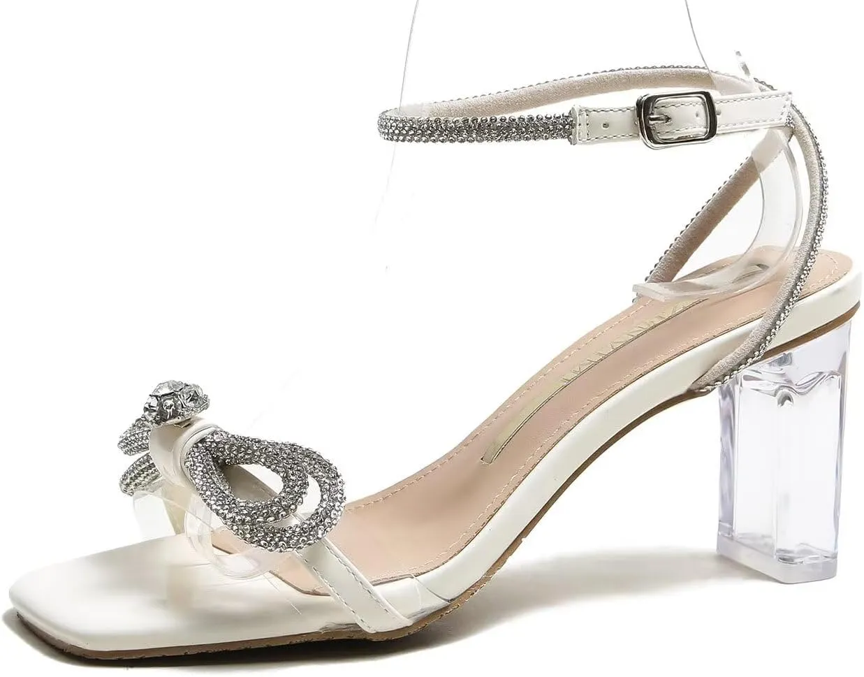LUXINYU Women's High Heeled Sandals Sparkling Rhinestone Tassel Ankle Strap Chunky Heels Wedding Bridal Crystal Shoes Evening Prom Dress Heels