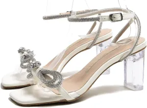 LUXINYU Women's High Heeled Sandals Sparkling Rhinestone Tassel Ankle Strap Chunky Heels Wedding Bridal Crystal Shoes Evening Prom Dress Heels