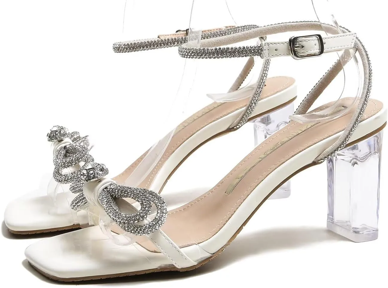 LUXINYU Women's High Heeled Sandals Sparkling Rhinestone Tassel Ankle Strap Chunky Heels Wedding Bridal Crystal Shoes Evening Prom Dress Heels